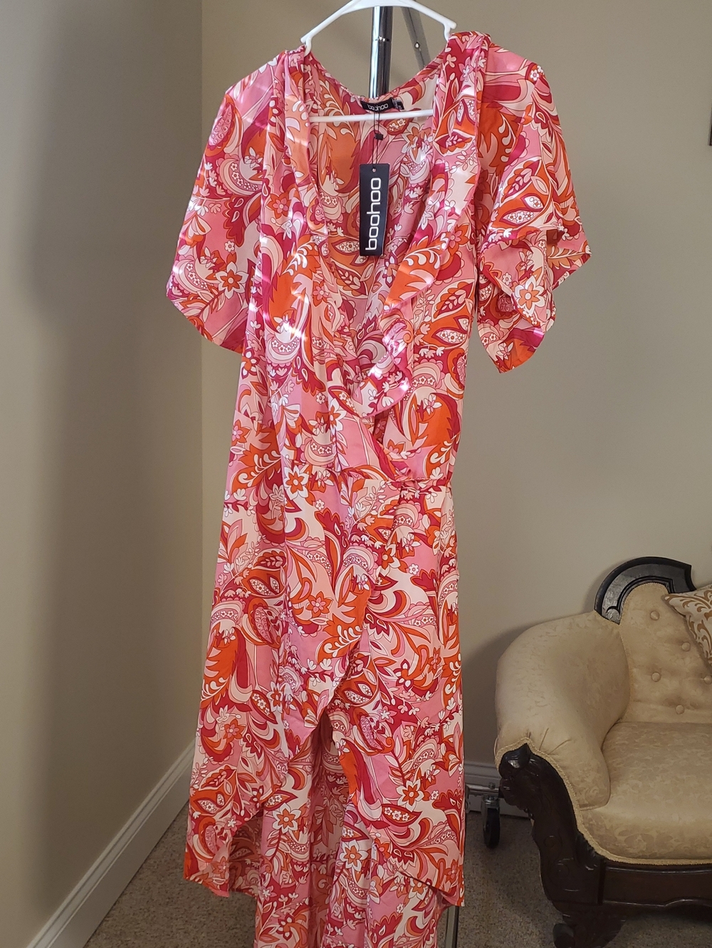 Boohoo Pink & Orange Paisley Ruffle Wrap Dress